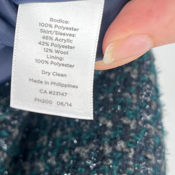 TALBOTS Tweed Dress Sz 16P Blue Green Dark Academia Mixed Media Metallic Preppy - Picture 11 of 13
